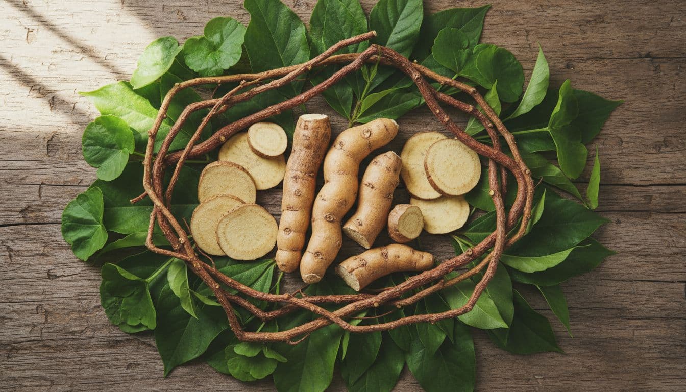 Ultra Bann Closeup top-down view of fresh natural herbs including ashwagandha roots, maca root slices, tongkat ali branches, and green leaves neatly arranged on a rustic wooden surface with soft diffused natural light.