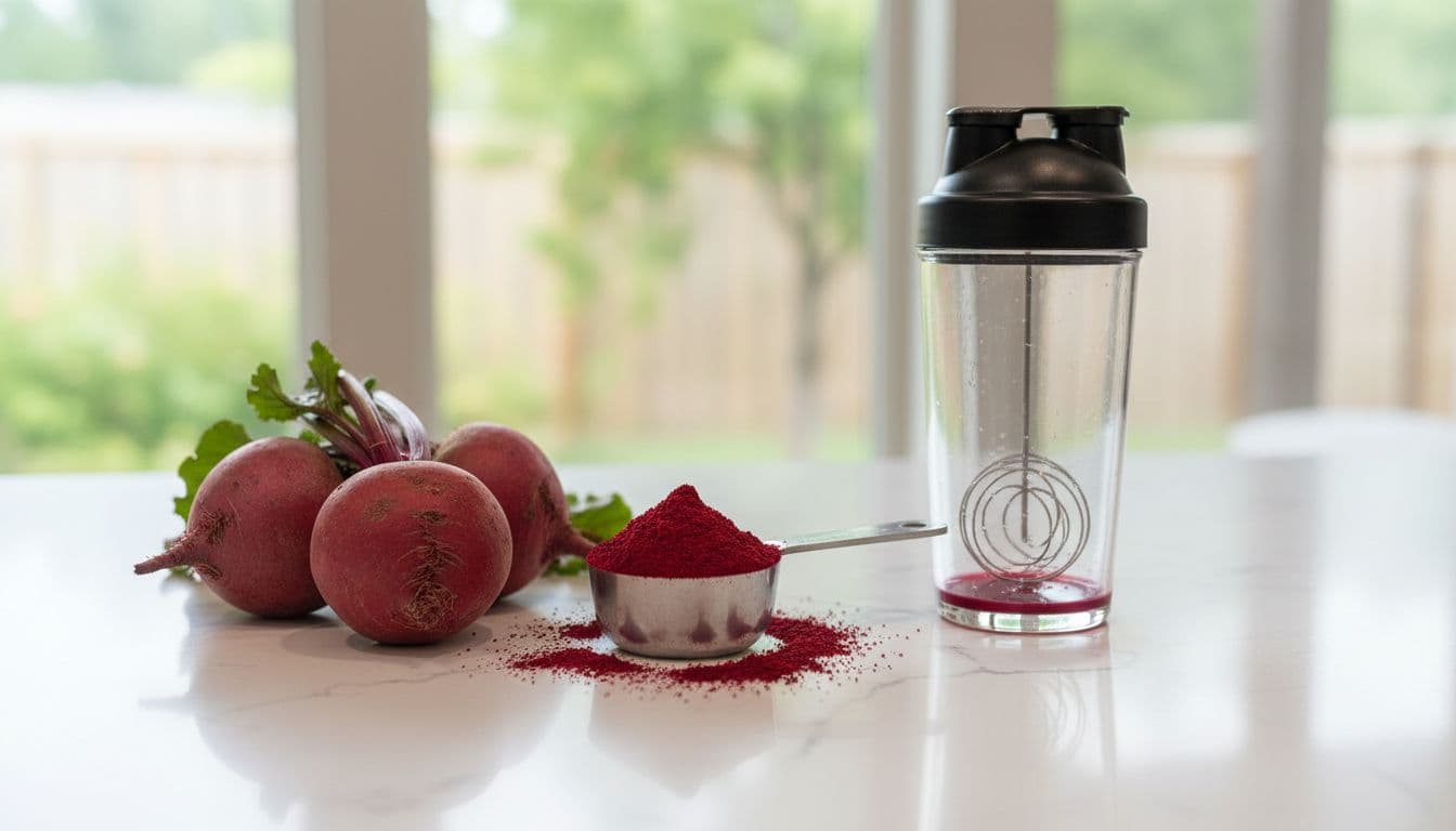 Ultra Bann Fresh beet root powder in a scoop next to whole beets and a shaker bottle on a clean kitchen counter, soft natural morning light, realistic high-detail photograph.