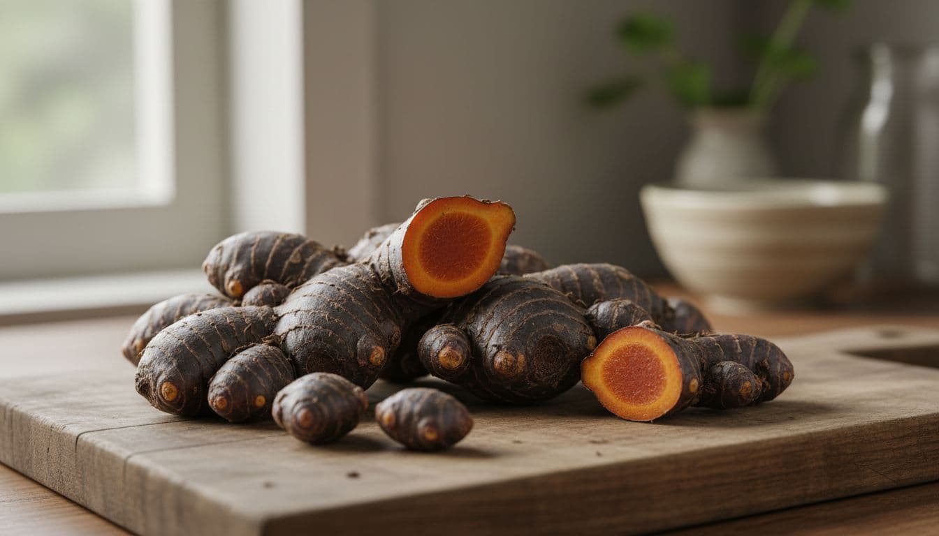 Ultra Bann Fresh black ginger roots on a wooden surface in natural kitchen light, close-up showing texture and orange interior cross-section.