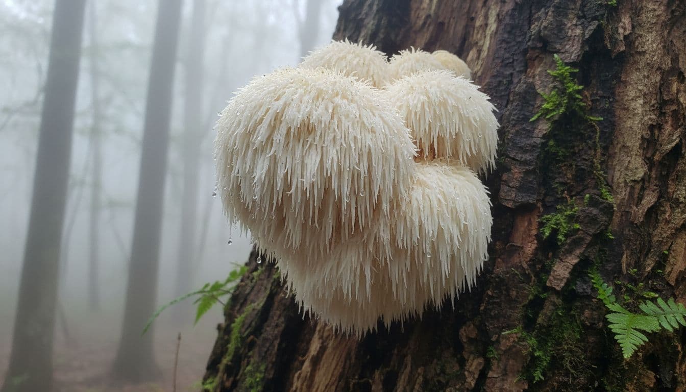 Close-up of Lion's Mane mushrooms growing on a hardwood tree trunk in a misty forest, highlighting white cascading spines and textured caps with soft natural diffused lighting.