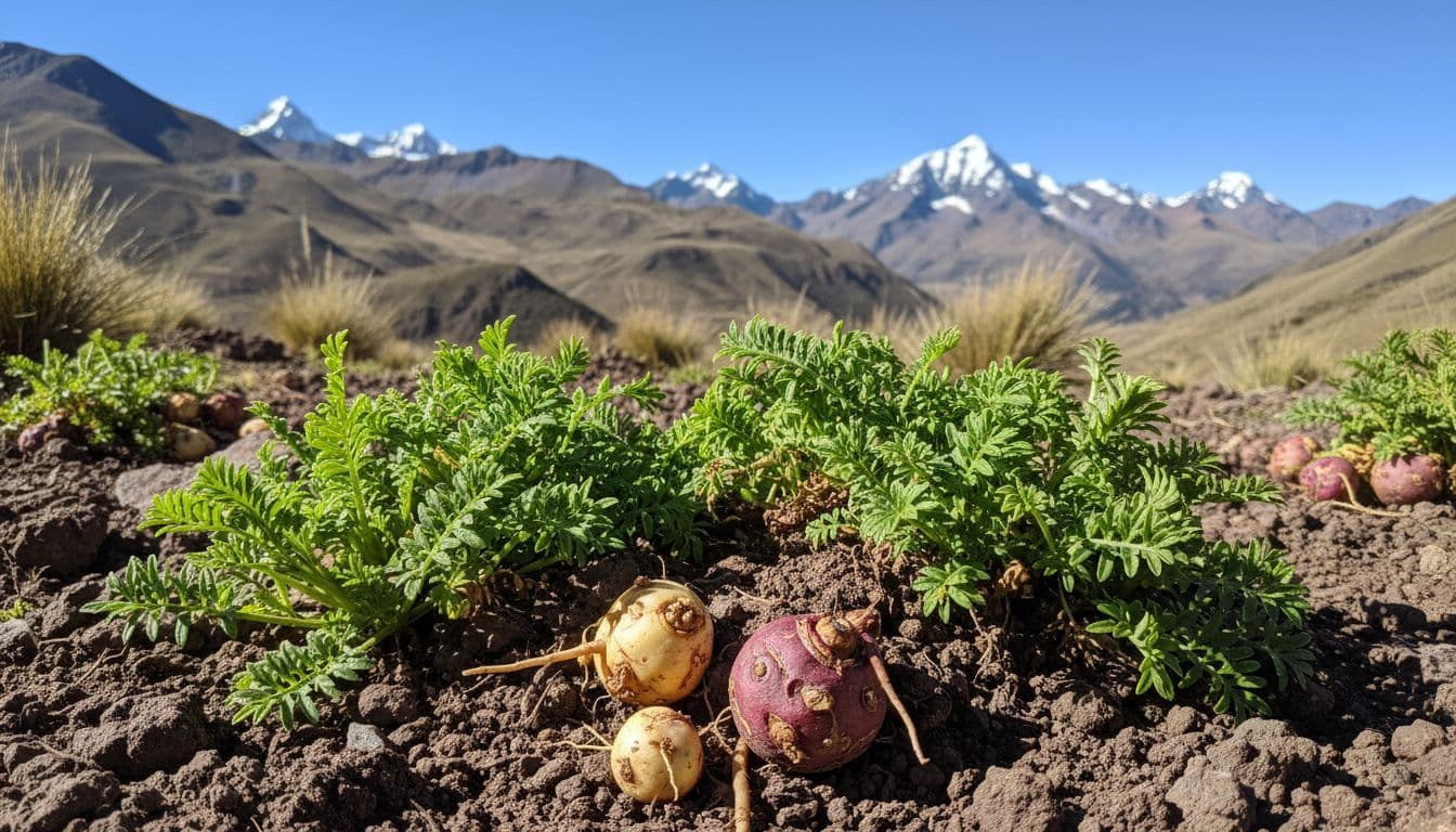 Maca root plants growing in high Andean mountain soil amid a rugged Peruvian landscape with distant snow-capped peaks under a clear blue sky, featuring close-up vibrant green leaves and exposed earthy roots.
