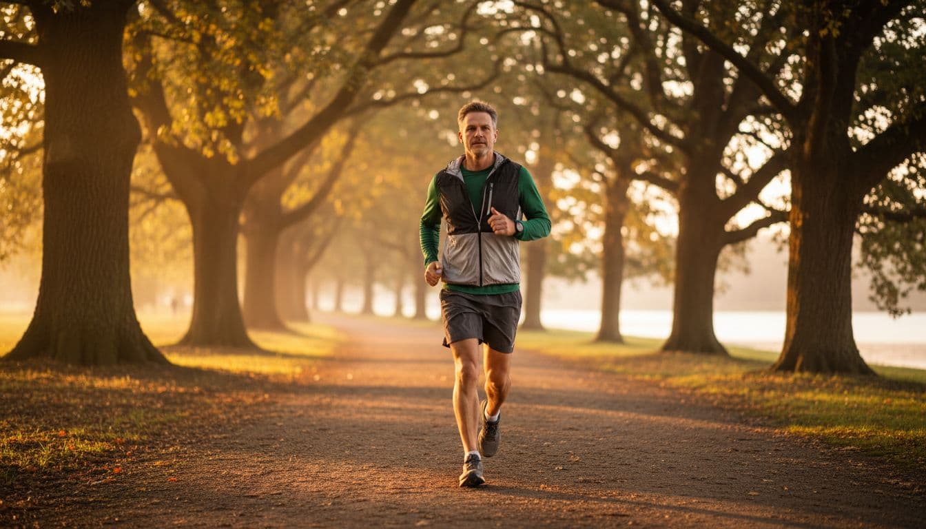 Ultra Bann A fit man in his 40s walks briskly on a tree-lined park path at sunrise, dressed in workout clothes with a determined expression, dynamic motion blur on legs, and warm golden sunlight filtering through leaves.