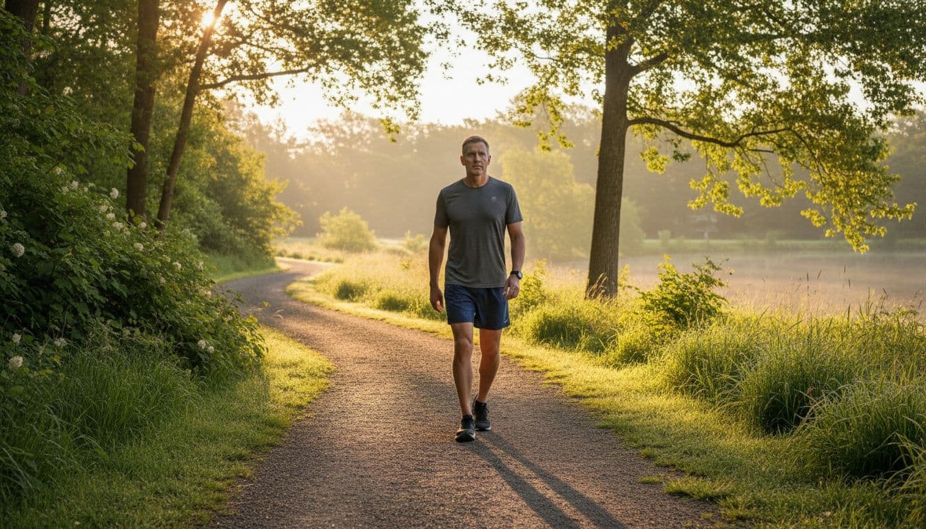 Ultra Bann A mature athletic man in his 40s walks determinedly on a serene park path at sunrise, wearing casual workout clothes with arms swinging naturally, bathed in soft golden morning light filtering through trees.