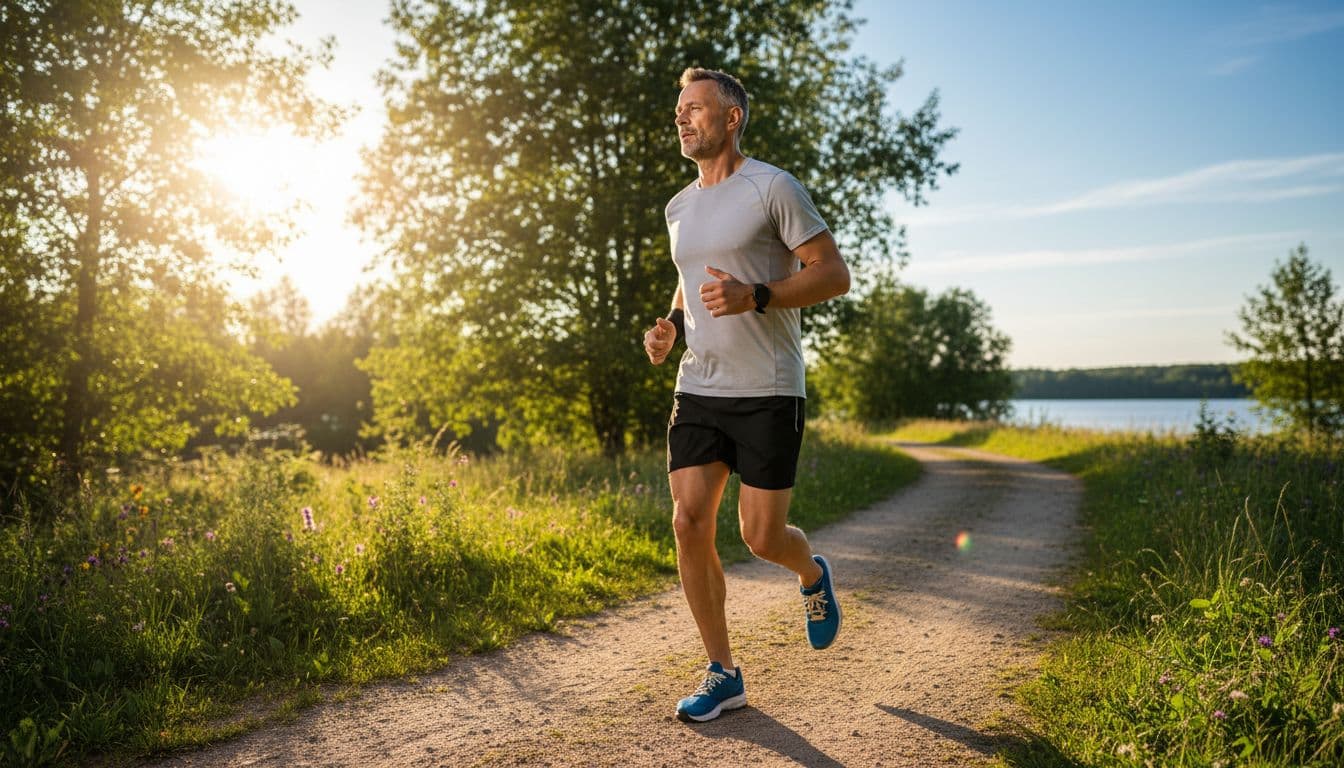 A focused man in his 40s jogs on a sunny outdoor path in casual athletic clothes, illustrating an active lifestyle for energy balance.