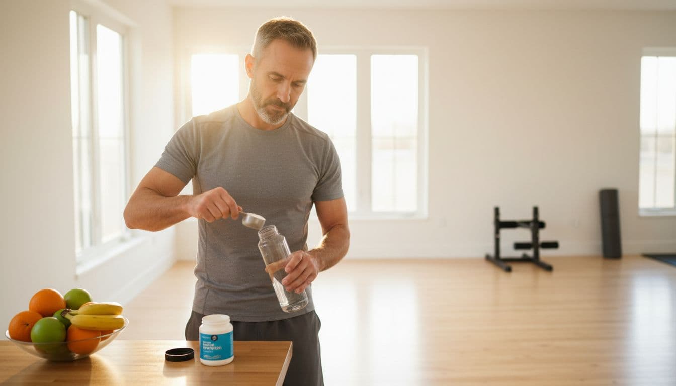 Ultra Bann A mature man over 40 in his home gym or living room adds electrolyte powder to a water bottle with a focused expression, surrounded by natural morning light, wooden floor, and fresh fruits.