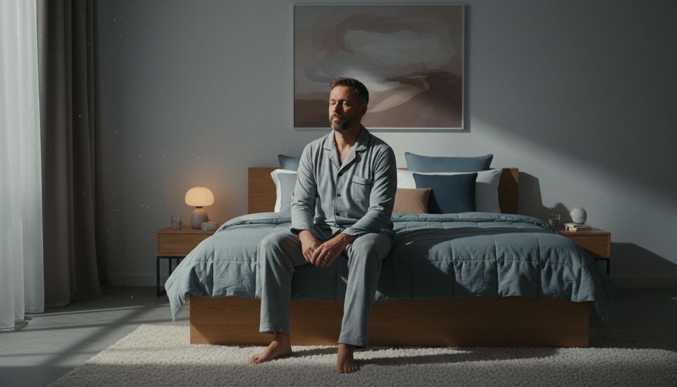 A mature man over 40 years old sits relaxed on the edge of his bed in a cozy bedroom, with soft moonlight filtering through the window, embodying a peaceful bedtime routine.