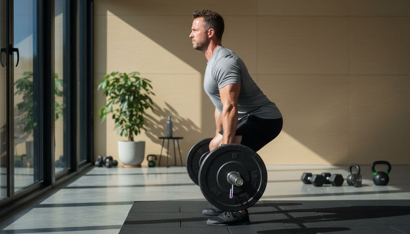 Ultra Bann One mature man over 40 with short hair and athletic build performs a deadlift with barbell in modern home gym, focused expression, sweat, natural light, full body side view.