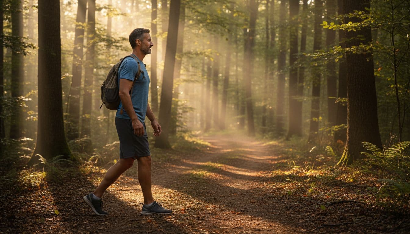 Ultra Bann A mature man in his 40s walks focused and energized on a forest trail at dawn, dressed in casual athletic clothes, shown in side profile with warm morning light filtering through trees.