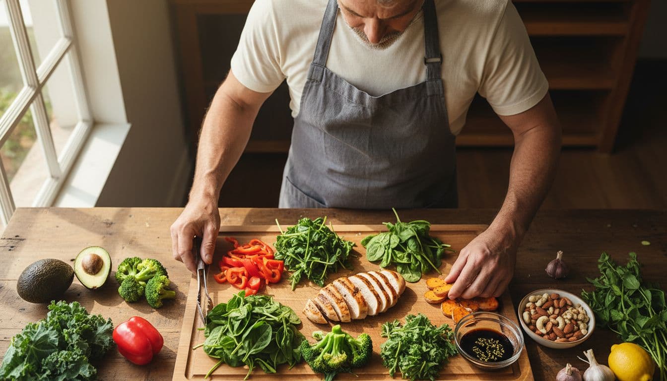 Mature man over 40 prepares balanced meal with greens, vegetables, lean protein, and nuts in kitchen, top-down view on counter with warm natural lighting.