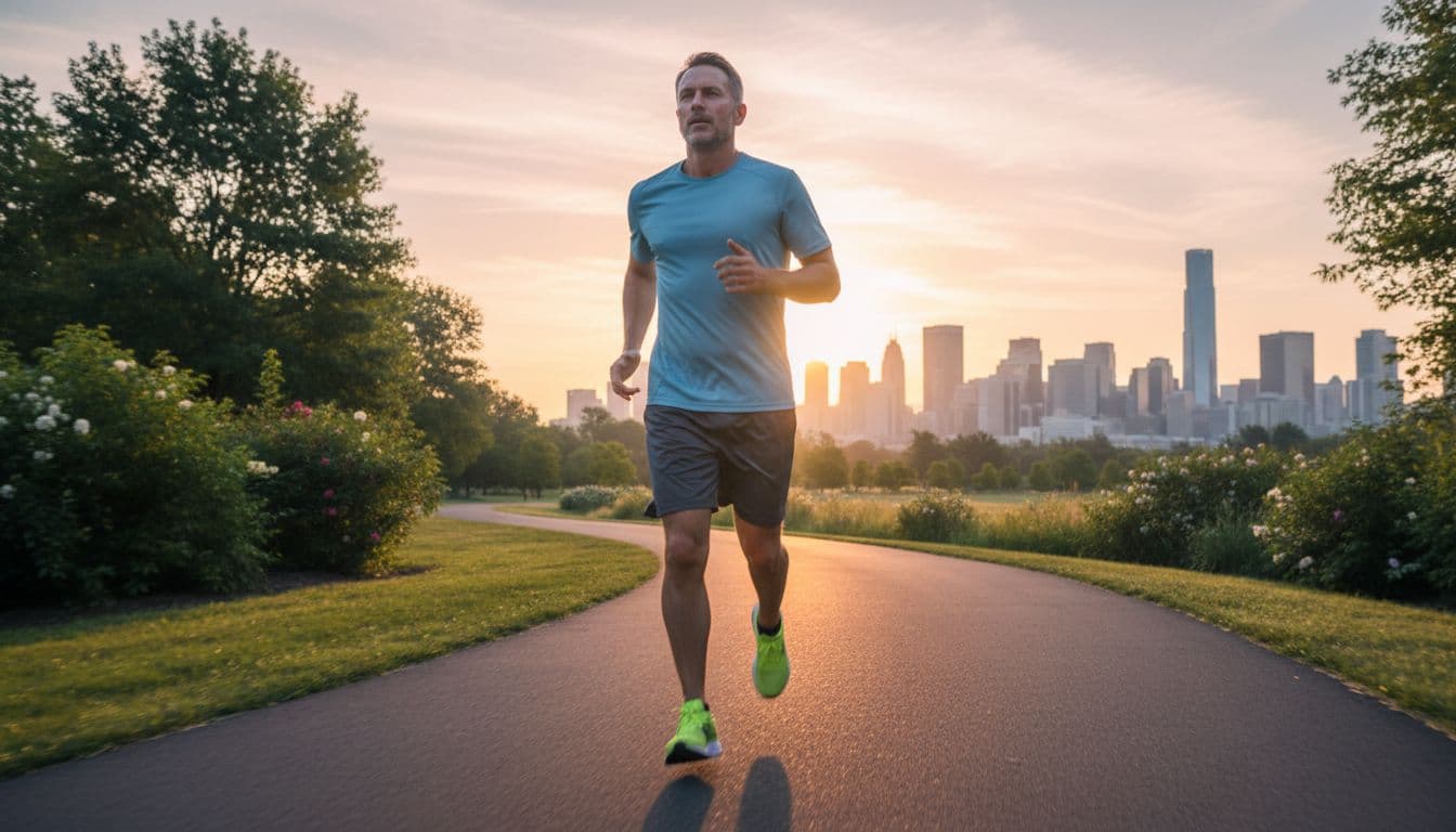 Mature man over 40 in casual athletic wear jogging on a park path at dawn with determined stride, city skyline in background, soft morning light, realistic photo.