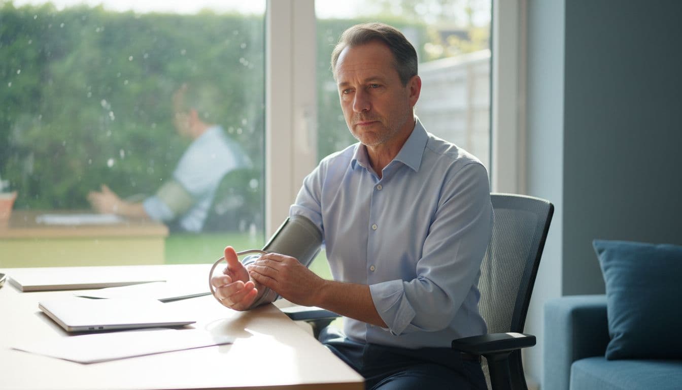 Ultra Bann A thoughtful man in his 40s sits at a modern home office desk holding a blood pressure monitor cuff on his arm, illuminated by natural window light in a realistic photographic style.