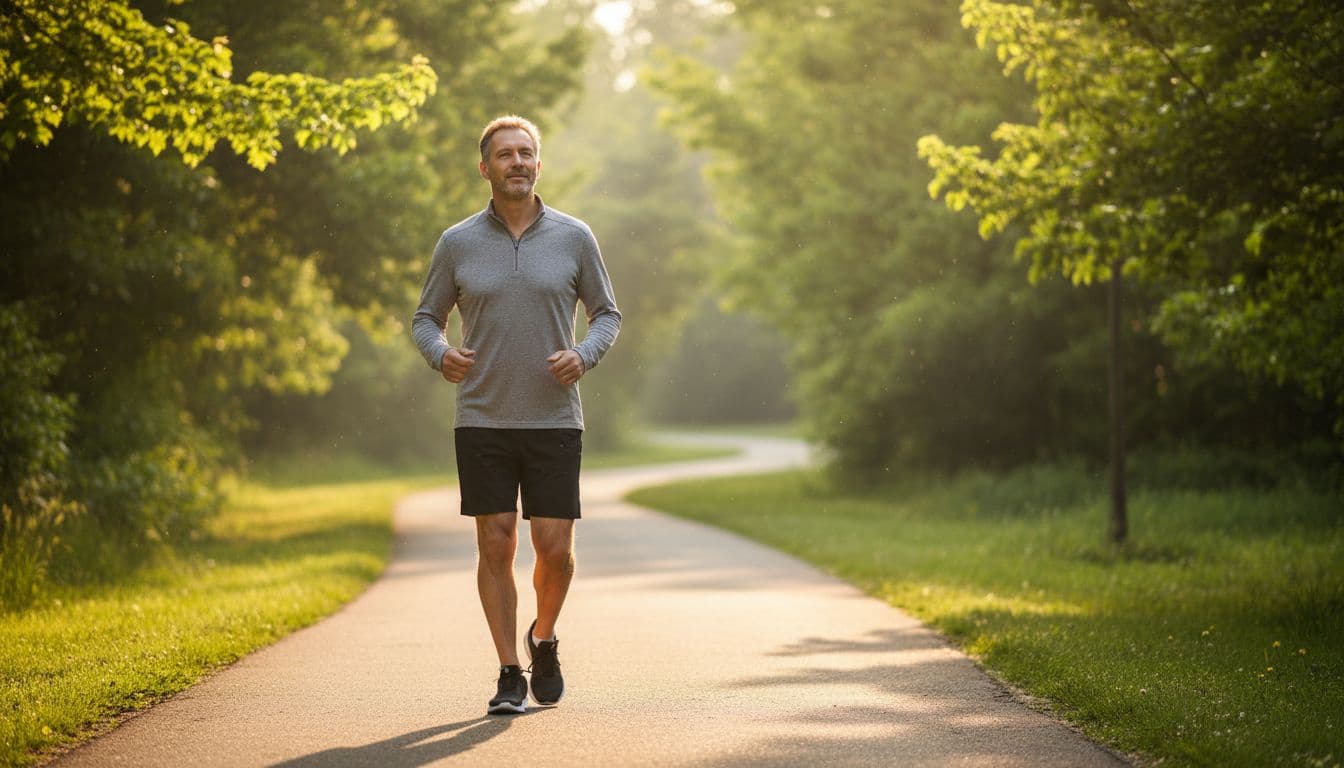Ultra Bann A 45-year-old mature professional man enjoys a relaxed morning walk in a park, wearing casual athletic clothes with a confident stride, surrounded by green trees under warm sunrise lighting.