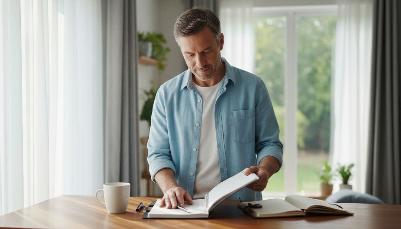 Ultra Bann A mature man in his 40s stands calmly at his wooden home desk, reviewing a planner during his morning routine with a coffee mug nearby, natural light from the window illuminating the scene.