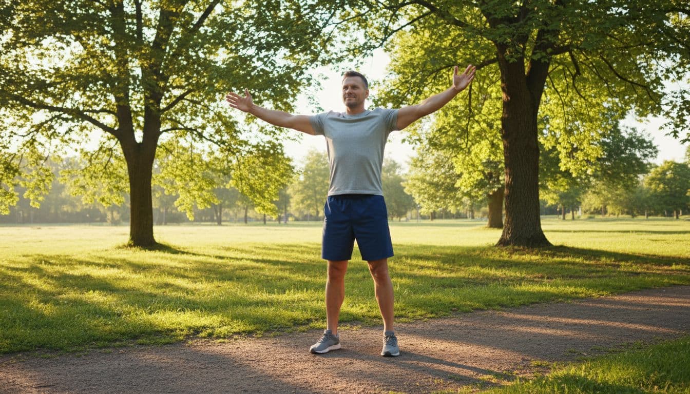 Ultra Bann A mature man over 40 with an athletic build performs a simple morning stretch in a sunny park, arms extended naturally, wearing casual workout clothes, surrounded by green trees under warm natural light.