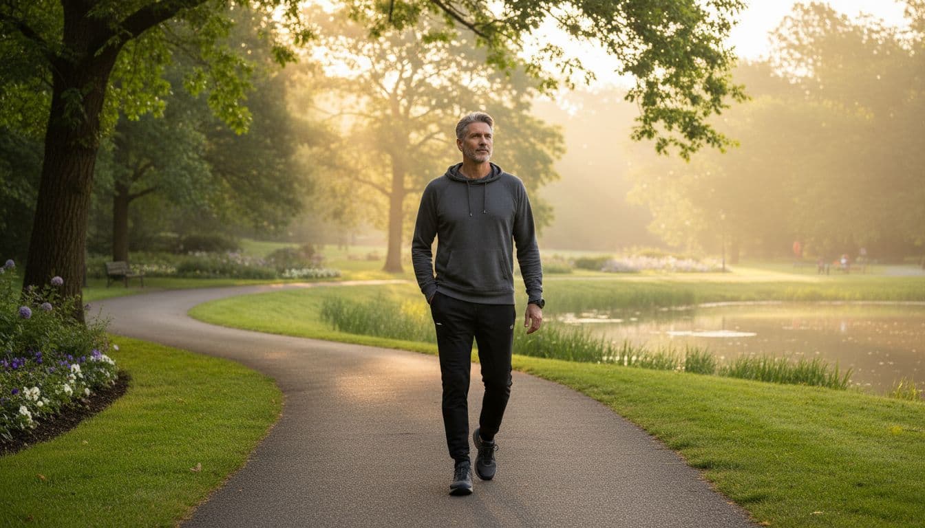 A relaxed mature man over 40 in comfortable activewear walks outdoors on a park path in soft early morning light, embodying a structured daily wellness routine.