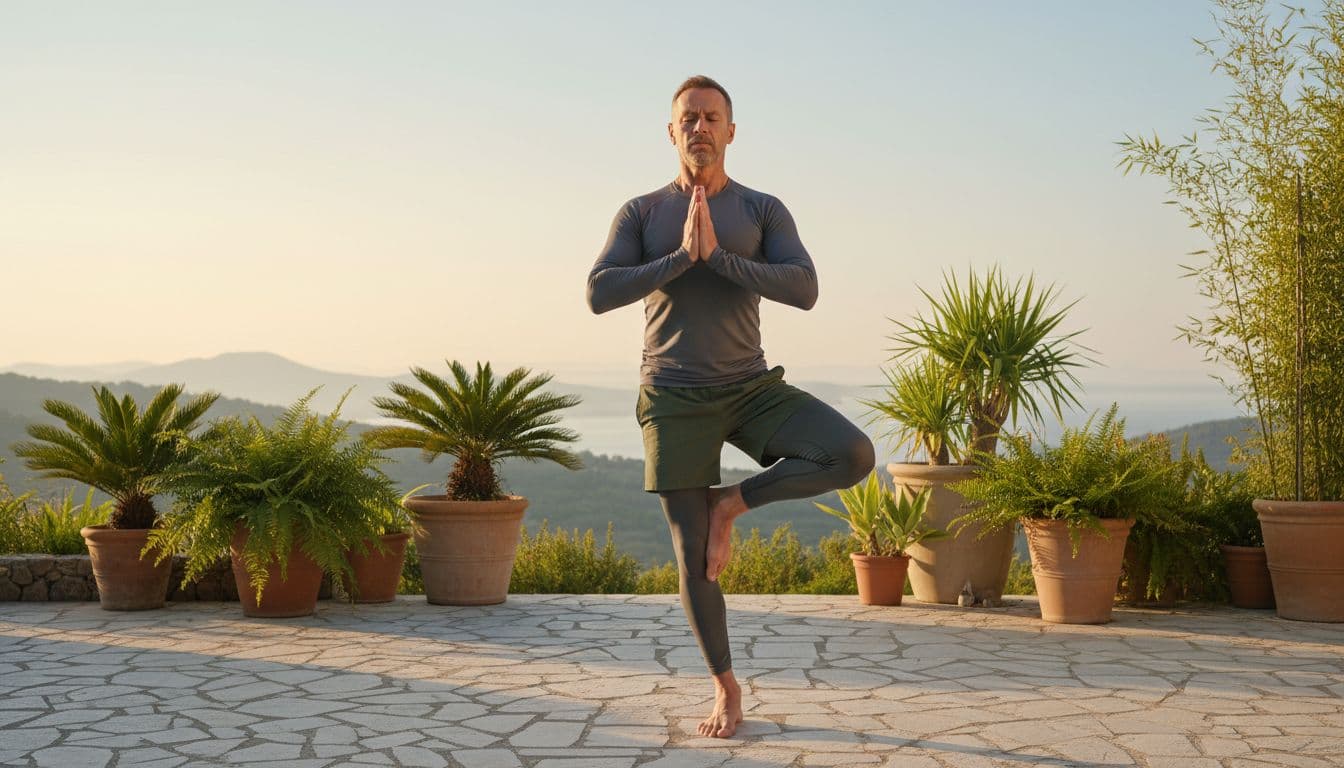 Ultra Bann A determined mature man over 40 in fitness attire practices morning yoga on a serene outdoor patio at sunrise, bathed in natural warm lighting with a simple plant-filled background.