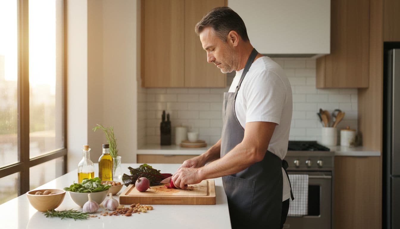 Mature man in his 40s chopping beets and greens on a cutting board in a modern kitchen, with spinach, garlic, and nuts nearby; focused expression, apron, warm lighting, photorealistic.