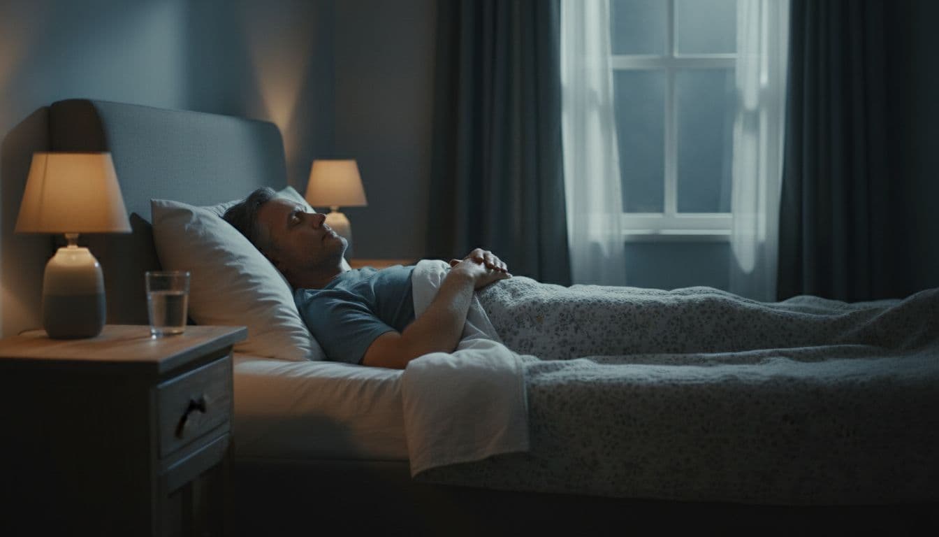 A mature man over 40 lies peacefully asleep in a cozy bedroom at night, with soft moonlight through the window, relaxed under a light blanket, and a wooden nightstand with a glass of water, creating a calm serene atmosphere.