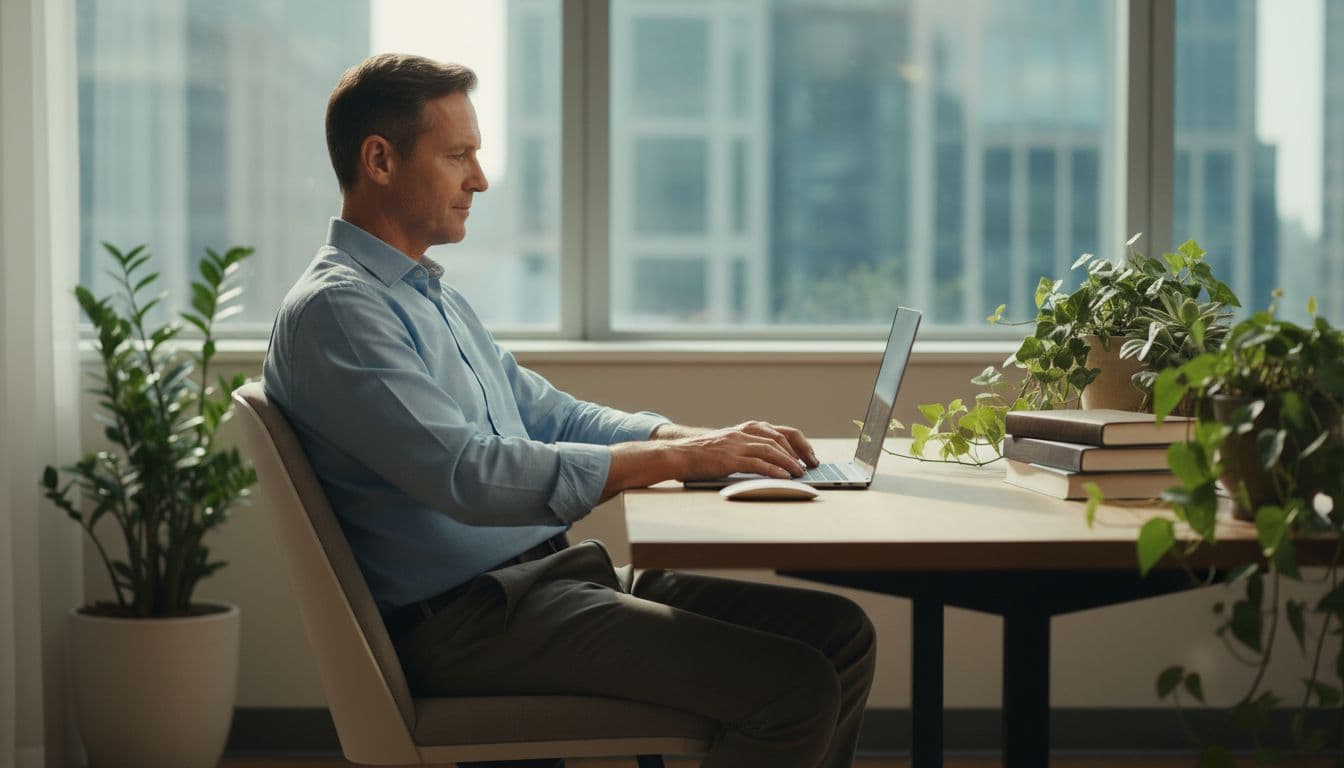 A mature professional man over 40 sits relaxed at a modern office desk, concentrated on his open laptop amid natural window light, books, and plants.