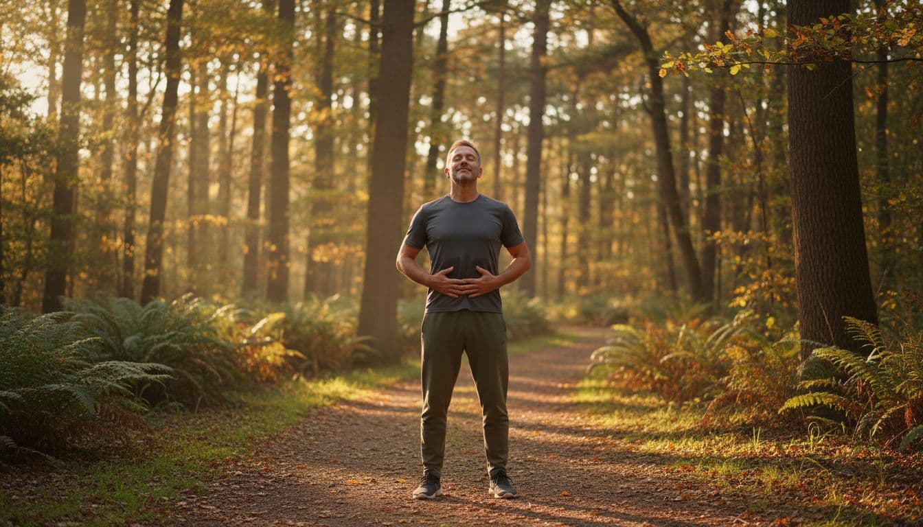 Ultra Bann A middle-aged man in casual athletic clothes stands relaxed in a serene forest during golden hour, hands on abdomen performing deep breathing for stress relief. Natural setting with trees and path in soft warm lighting.