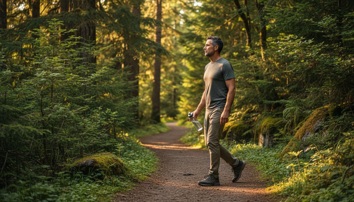 A man in his 40s walks attentively along a lush green forest trail, carrying a water bottle in hand, captured in dynamic side angle with warm afternoon light for a photorealistic active lifestyle scene.