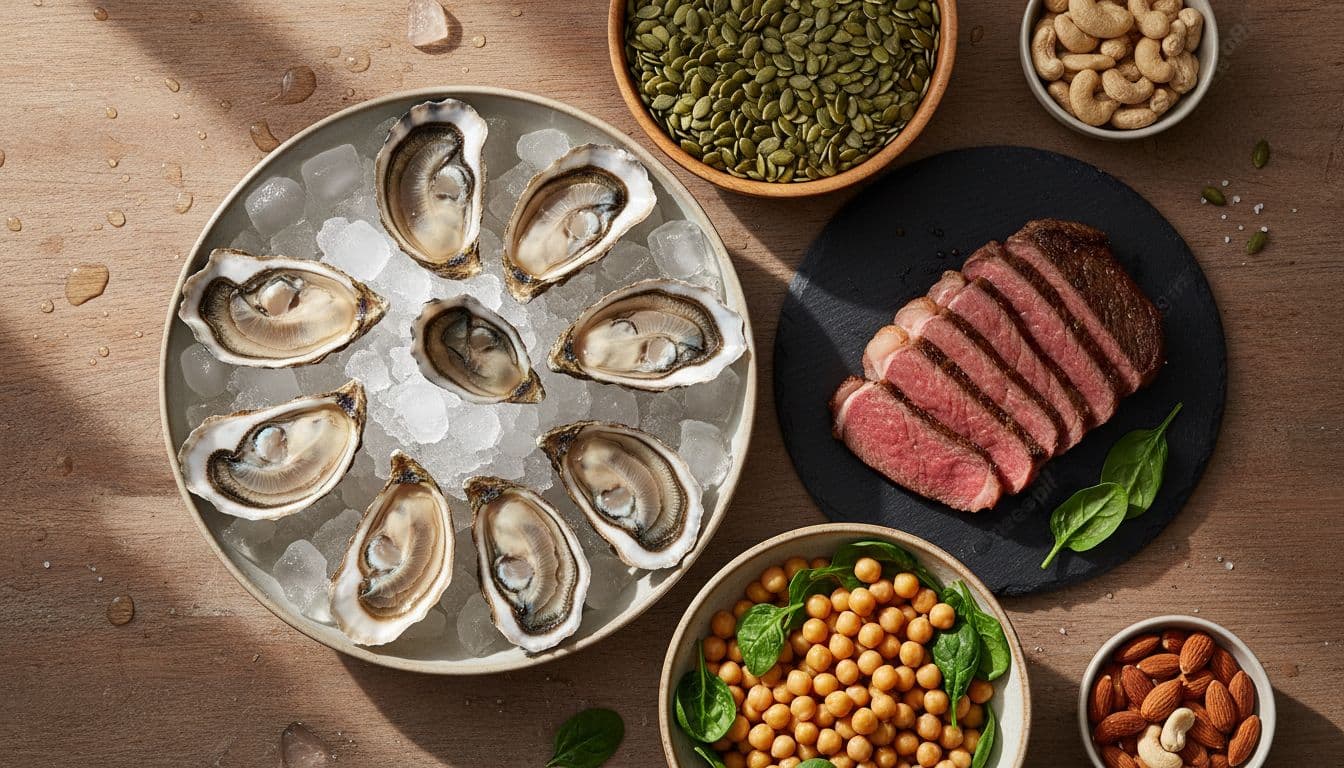 Ultra Bann A close-up top-down view of natural zinc-rich foods like oysters, pumpkin seeds, beef slices, chickpeas, cashews, almonds, and spinach arranged on a wooden table in a sunlit kitchen.