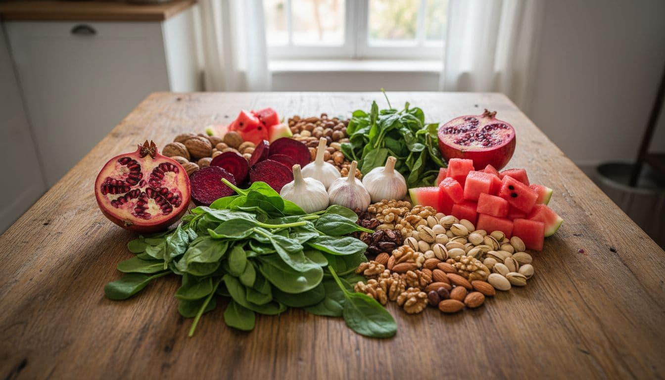 Vibrant assortment of nitric oxide boosting foods including spinach leaves, sliced red beets, garlic bulbs, pomegranate halves, scattered nuts, and watermelon chunks on a wooden kitchen table in a bright natural setting with top-down composition and soft morning light.