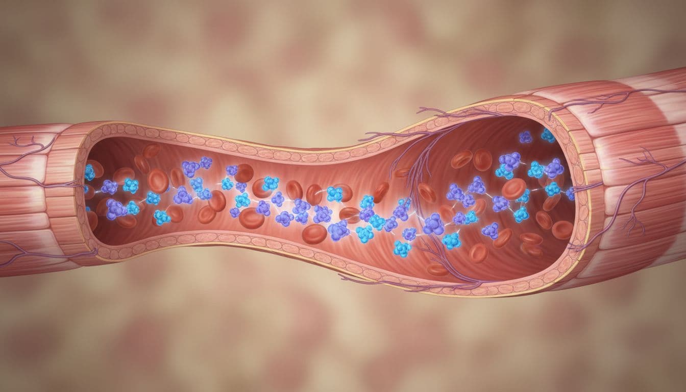 Ultra Bann Scientific illustration of nitric oxide molecules interacting with blood vessel walls to promote relaxation and improved blood flow, featuring a close-up of a dilated artery in realistic medical diagram style with vibrant colors.