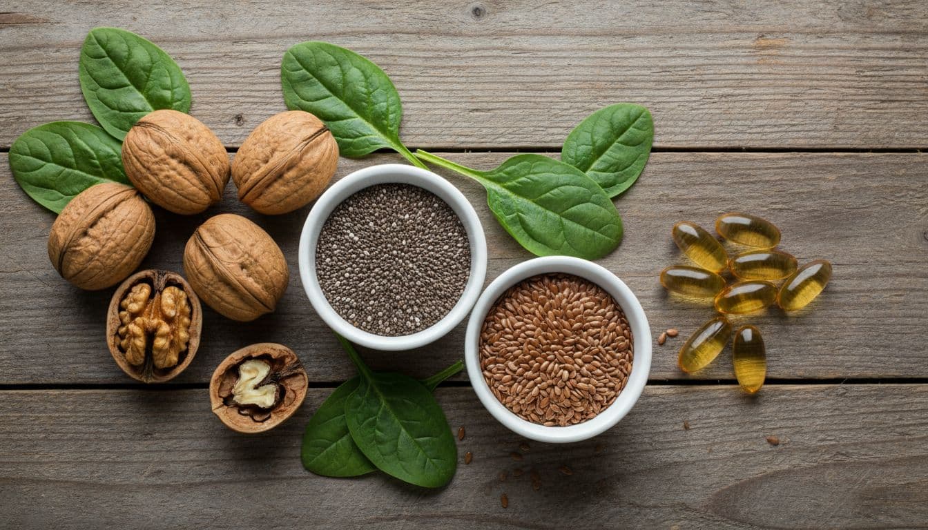 Assortment of plant-based omega-3 sources including chia seeds, flaxseeds, walnuts, and algae oil capsules arranged neatly on a wooden table with fresh green spinach leaves. Close-up top-down composition in photorealistic food photography style with natural morning light and high texture detail.