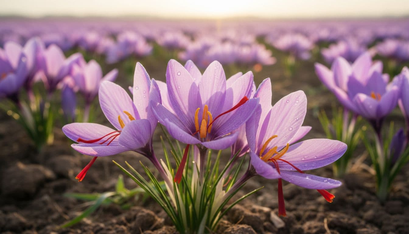 Vibrant Crocus sativus saffron flowers bloom in a sunny field during harvest, with a close-up on the red stigmas and purple petals featuring detailed natural textures and soft morning light.