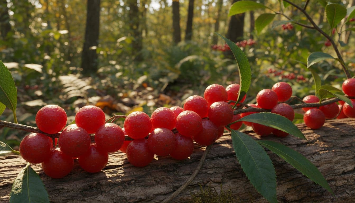 Schisandra berries on a wooden surface in a natural forest setting, close-up composition with soft morning light filtering through leaves, realistic botanical style, high detail on red berries and leaves.