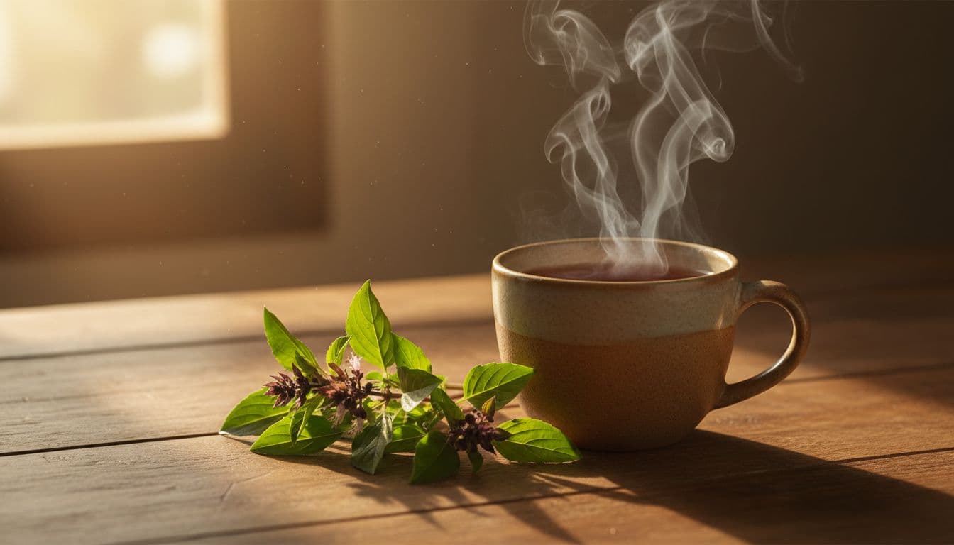 Close-up of a steaming cup of holy basil tea on a wooden table beside fresh leaves, warm morning light filtering through window, simple composition with steam rising gently, photorealistic style, cozy natural tones.