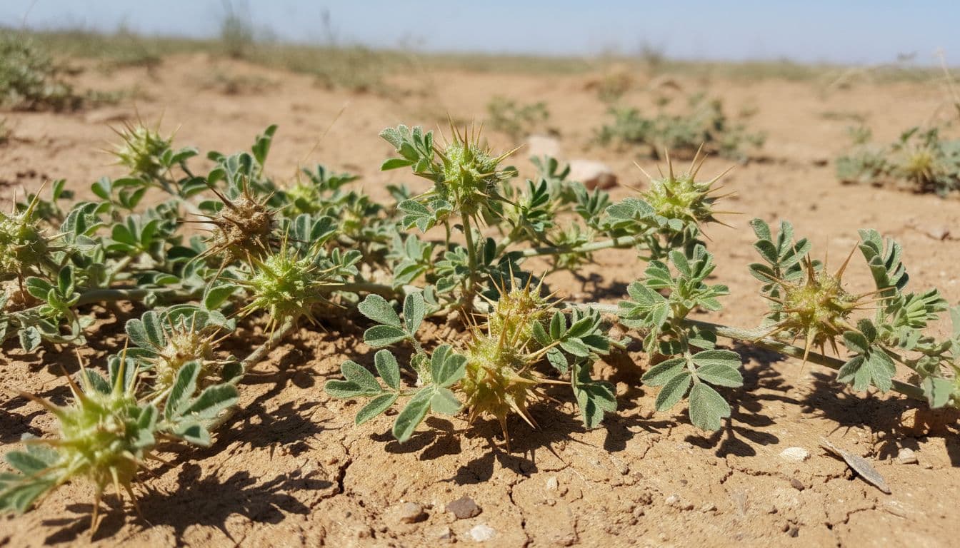 Close-up of Tribulus terrestris growing in dry outdoor soil, showcasing spiky seed pods and green leaves under natural sunlight in photorealistic style.