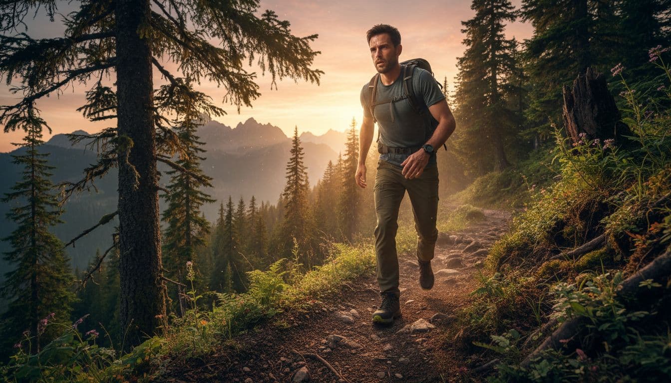A focused hiker in mid-stride on a forested mountain trail at sunrise, prominently displaying a black Suunto sports watch on his left wrist, with a lightweight backpack and natural morning light illuminating the dynamic low-angle action shot.