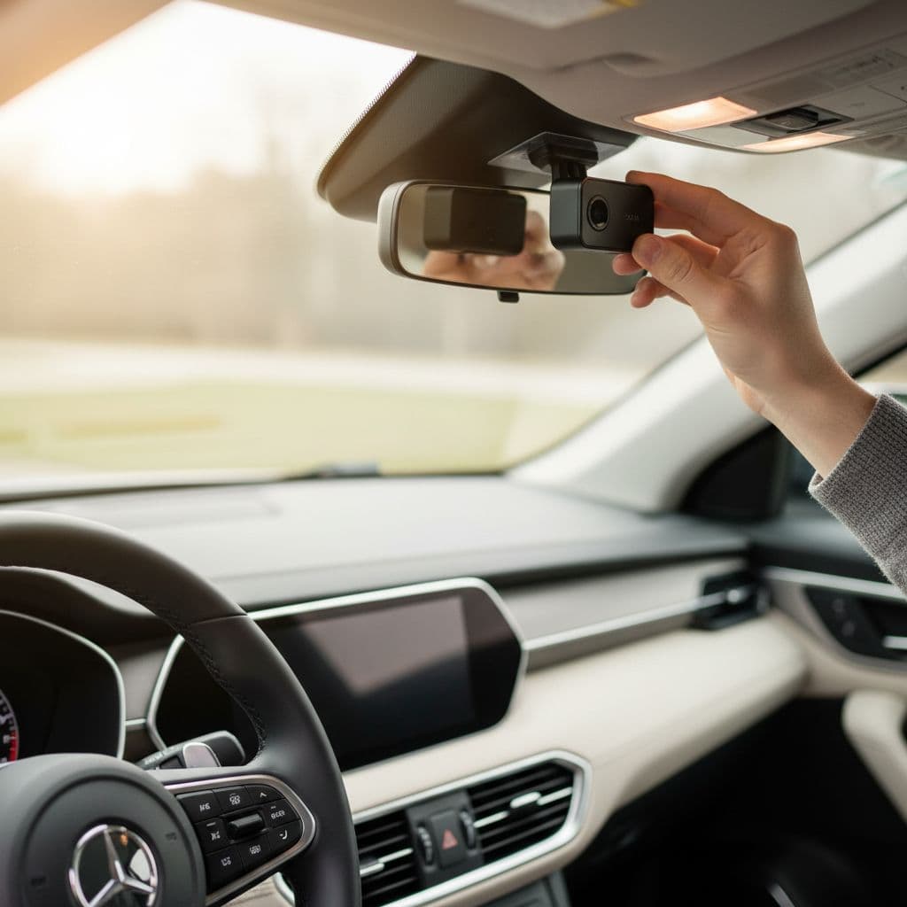 A person installs a compact dash camera onto a clean car windshield with natural sunlight.