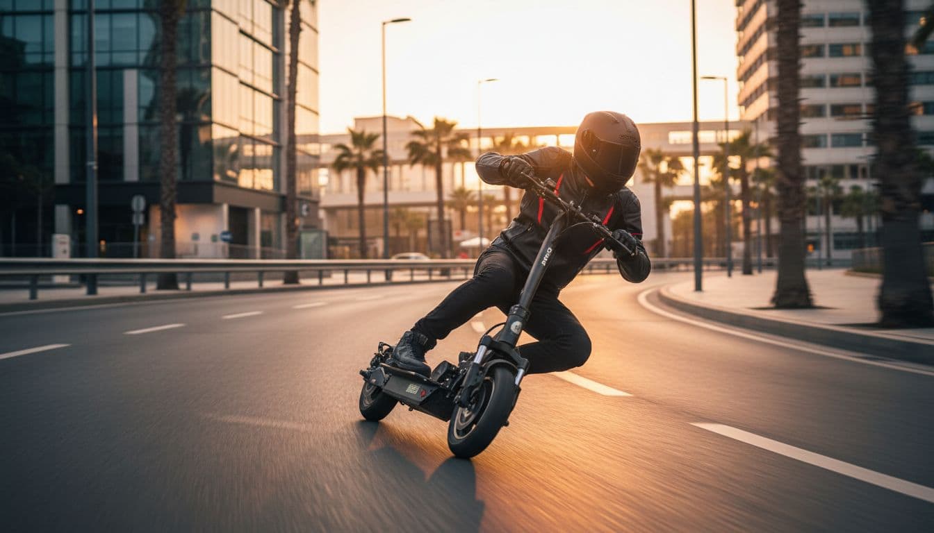 Sleek Joyor S10-S-Z high-performance electric scooter with dual 2000W motors rides fast on an urban road during golden hour, rider leaning into turn with dynamic motion blur.
