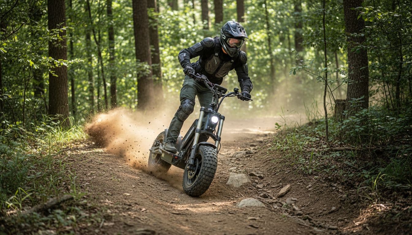 Powerful Kukirin G2 Master electric scooter with fat tires conquers a steep dirt hill on a forested trail, rider in helmet accelerating with dust flying from tires.