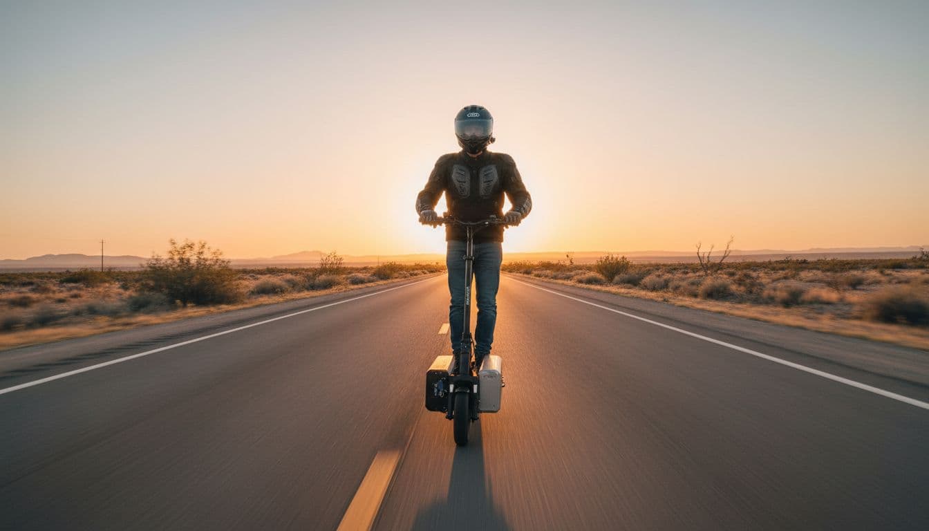 Kukirin G4 electric scooter cruises smoothly on a straight highway at sunset, emphasizing large battery pack for long-range performance with one rider in casual gear.