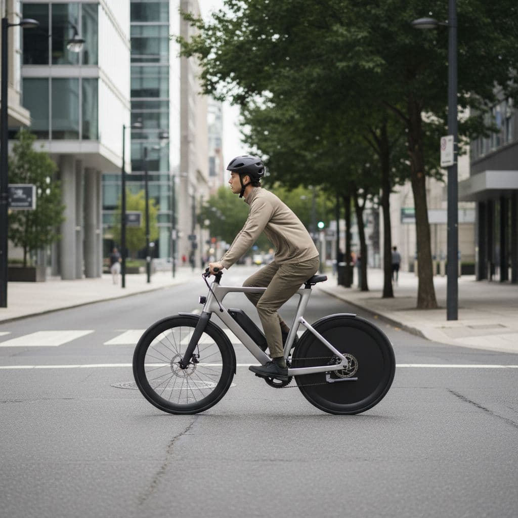 A cyclist rides a sleek, minimalist electric bike along a quiet city street during the day. The side profile captures the smooth frame design and clean lines amidst a paved urban environment.