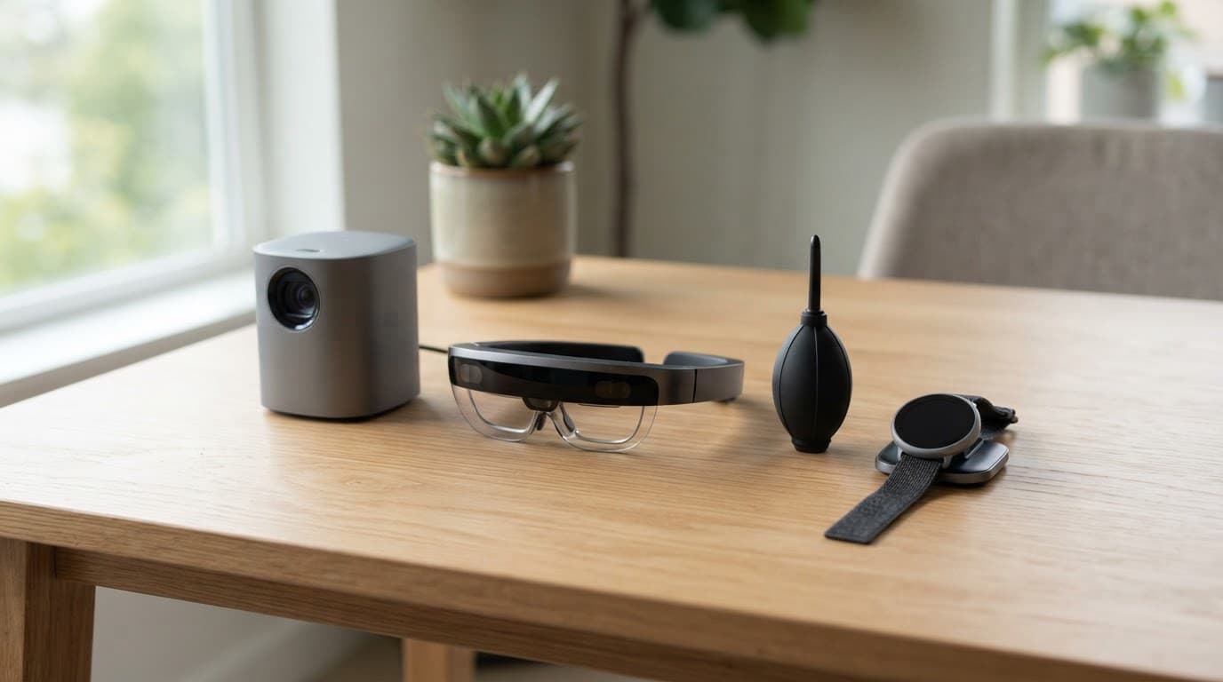 Modern gadgets arranged on a wooden desk in soft window light.