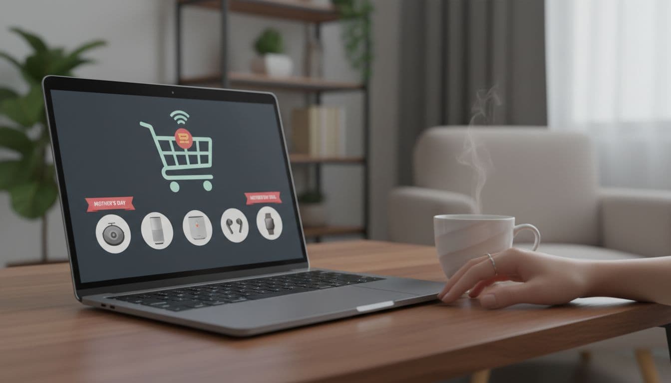 Laptop screen shows shopping cart with robot vacuum and smart speaker icons for Mother's Day deals, woman's hand rests near coffee mug on desk.