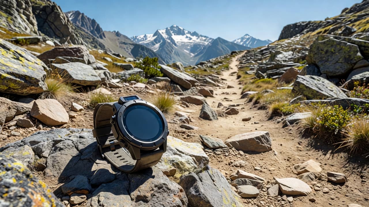A rugged sports watch sitting on a rocky mountain trail in bright daylight.