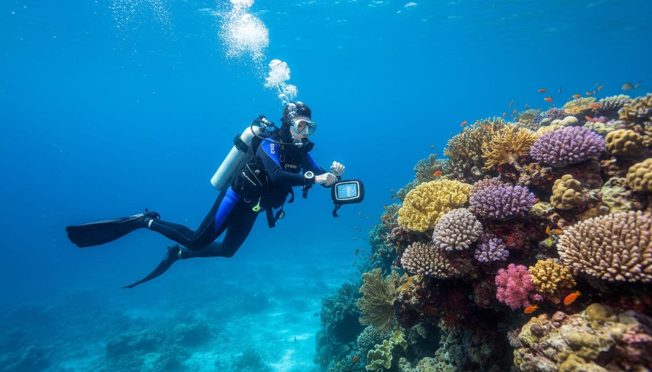 A scuba diver explores a colorful coral reef in clear blue ocean water, checking their wrist-mounted Suunto dive computer with bubbles rising from the regulator, illuminated by natural light rays.