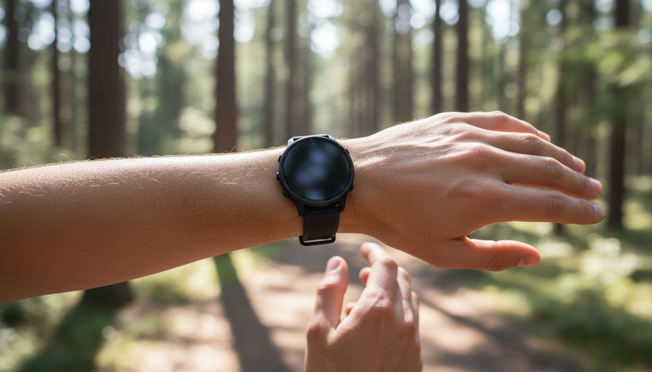 Slim all-black Suunto 9 Peak Pro watch on athletic wrist during trail run on forested path, dynamic forward arm pose, natural daylight, realistic photo, one watch one wrist two hands visible, no faces text logos or extra objects.