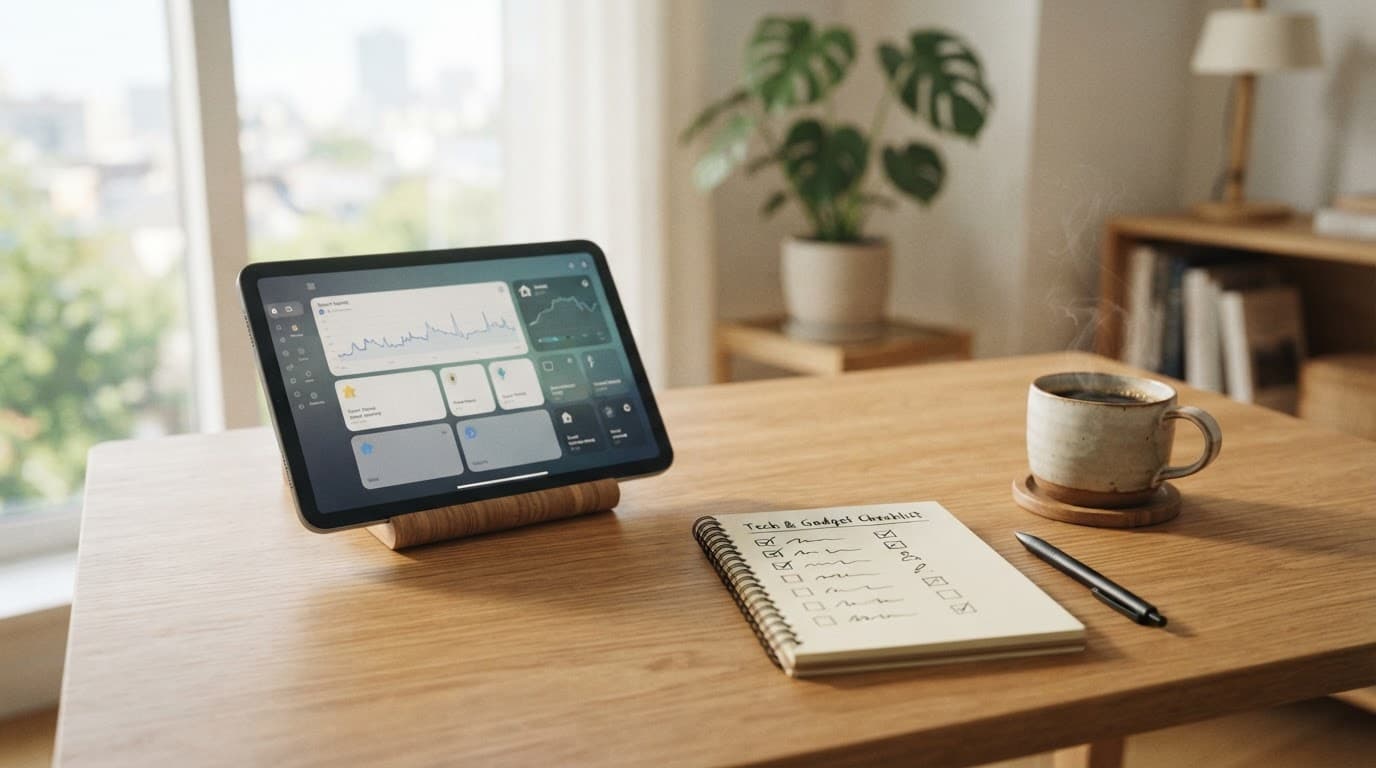 Tablet, checklist notepad, and coffee cup on a sunlit wooden desk.
