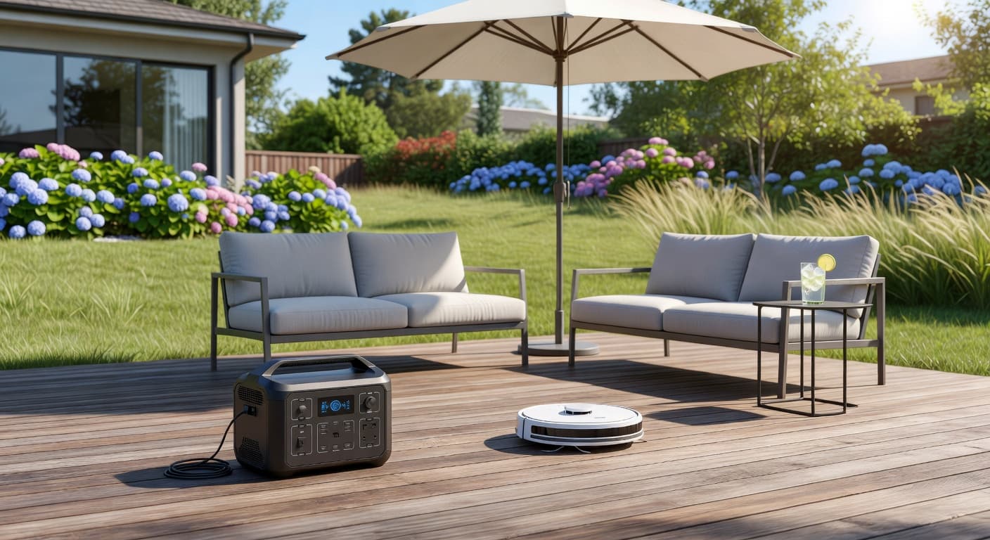 A compact portable power station sits on a polished wooden deck next to a small white robotic vacuum. Lush green plants and bright summer sunlight create an inviting outdoor living atmosphere.