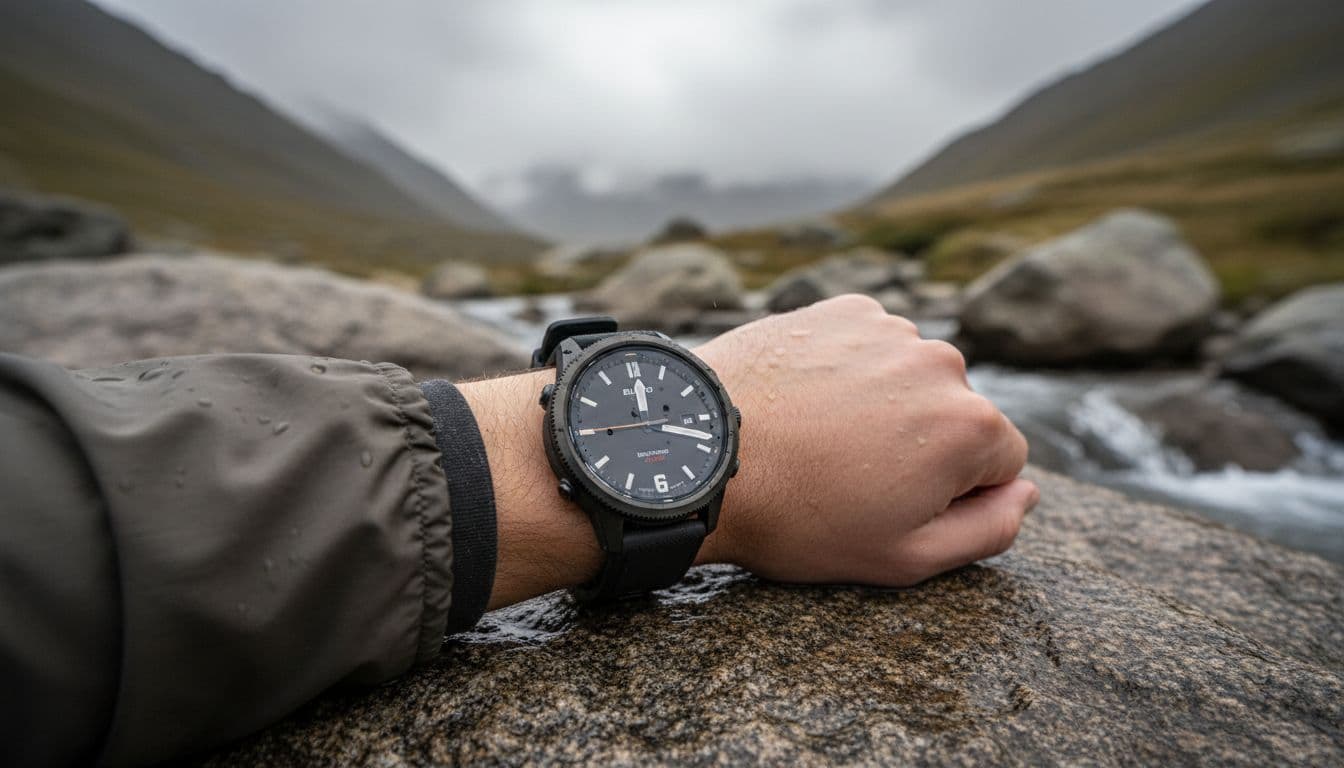 Close-up of Suunto 9 Peak Pro All Black watch on wrist resting on rough stone surface near water in rocky outdoor scene, showcasing durability under overcast lighting.
