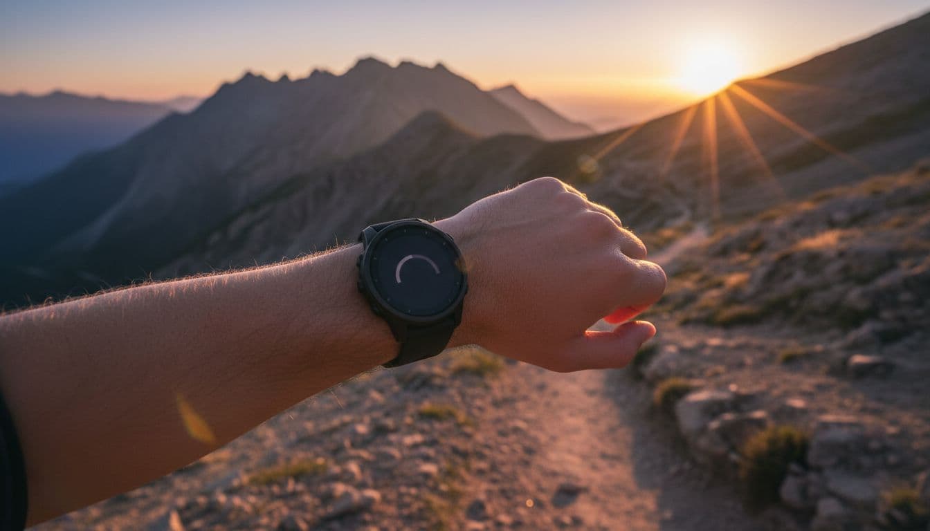 Close-up of an athlete's wrist displaying the Suunto 9 Peak Pro All Black watch battery icon during a long mountain trail hike at sunset, with blurred screen and warm lighting to highlight extended battery life.