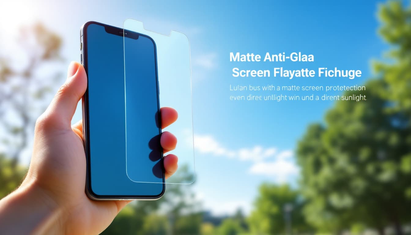 Smartphone outdoors with a matte screen protector showing a clear, glare-free display in bright sunlight. Image created with AI.