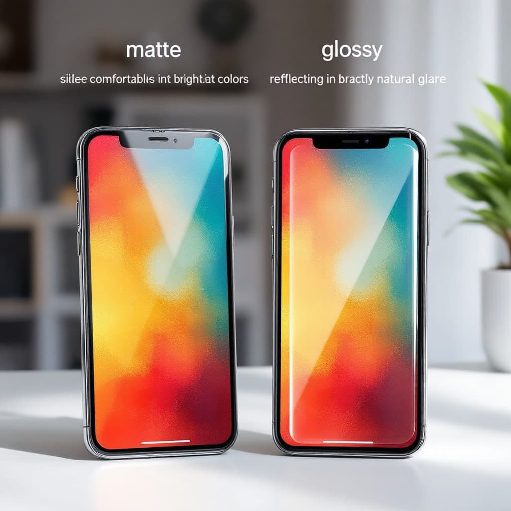 Side-by-side comparison: matte screen with comfortable, diffused look versus glossy screen with visible glare. Image created with AI.
